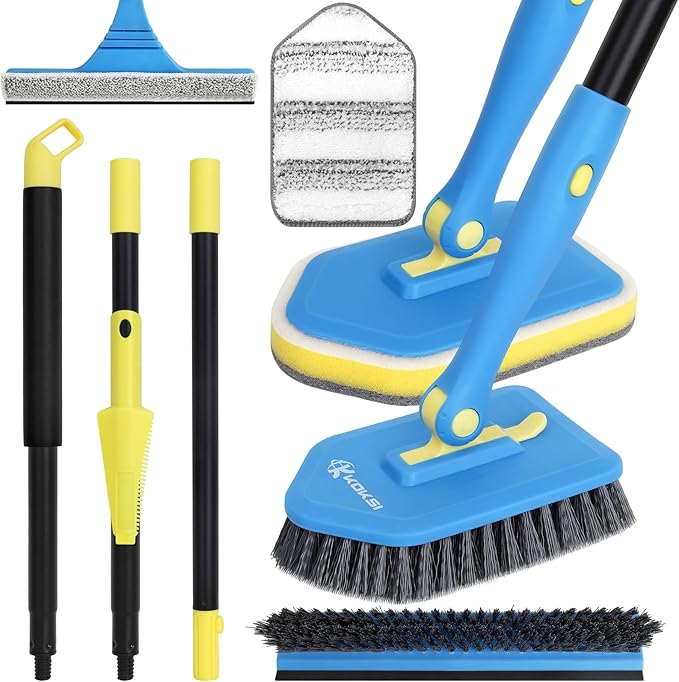 Tile Tub Scrubber Brush with 5 Different Function Cleaning Heads and 51" Extendable Long Handle Non Scratch Shower Scrubber for Cleaning Bathroom Kitchen Toilet Wall Bathtub