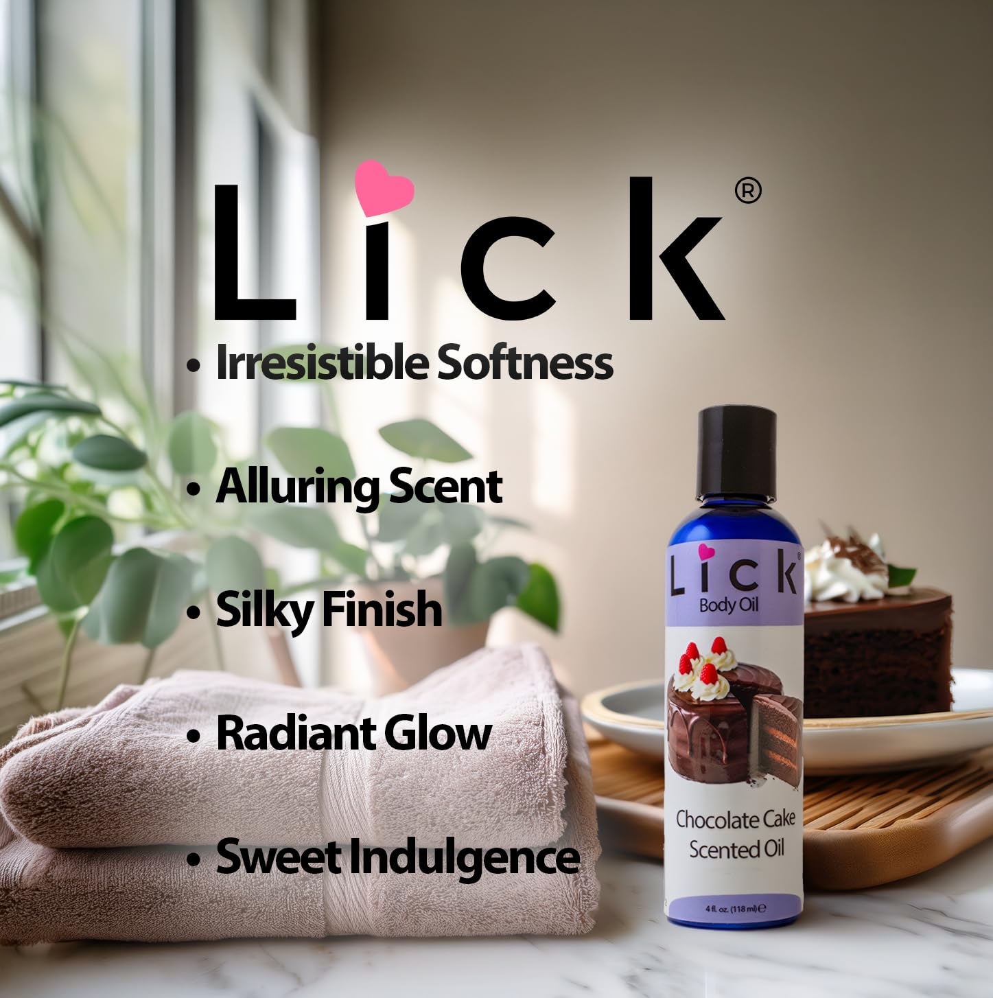 LICK Chocolate Cake Dessert-Inspired Scented Body Oil – Fast-Absorbing Daily Hydration with Almond Oil & Vitamin E – 4 oz