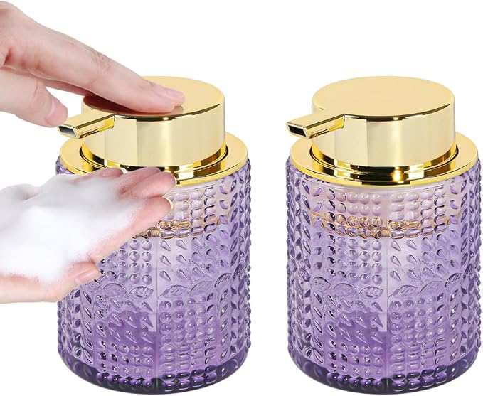Fvstar Foaming Soap Dispenser, 2pcs Purple Glass Foam Soap Dispenser with Gold Pump, Refillable 10oz Lotion Liquid Container Pump Bottle for Bathroom Kitchen Countertop