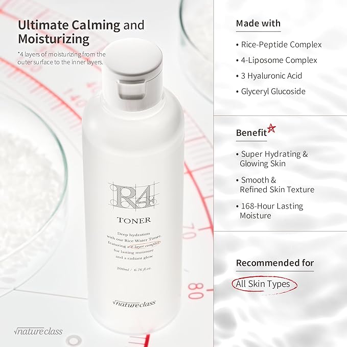 NATURECLASS R4 Hydrating Rice Toner – Glass Skin, Toner for Face, Deep Moisturizing, Rice Water, Hyaluronic Acid, Squalane, Korean Skin Care, Fragrance Free, Sensitive Skin, 6.76 fl oz