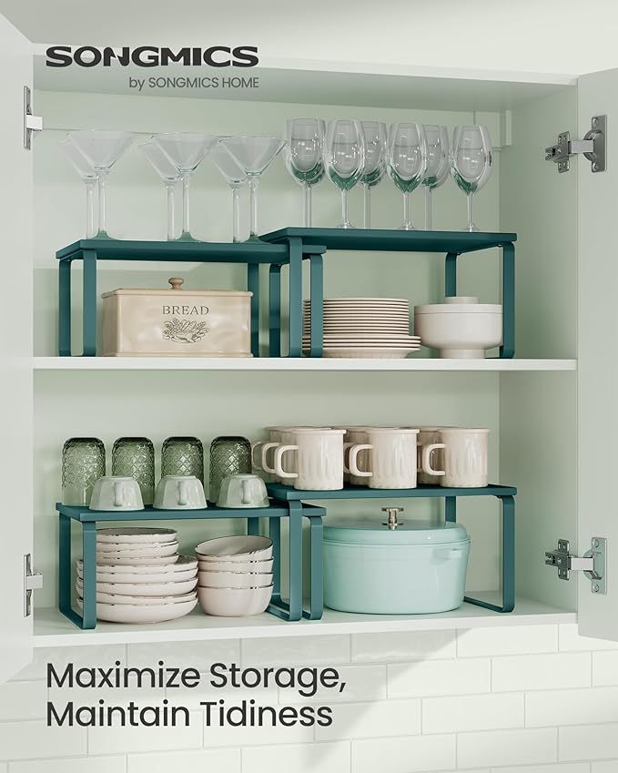 SONGMICS Cabinet Organizer Shelf, Set of 2 Kitchen Counter Shelves, Kitchen Storage, Spice Rack, Stackable, Expandable, Metal and Engineered Wood, 11.7 Inches, Marrs Green UKCS002C02