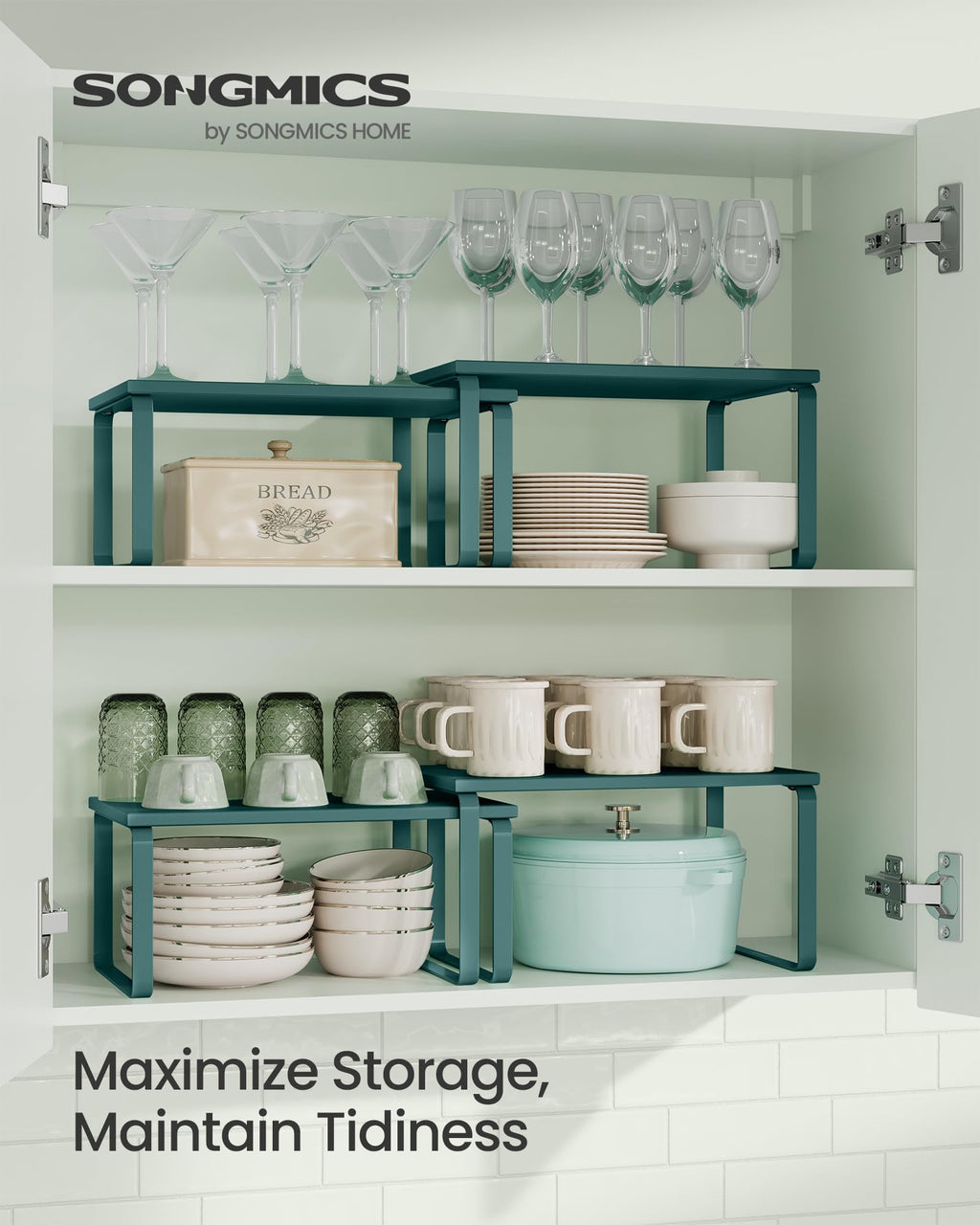 SONGMICS Cabinet Organizer Shelf, Set of 2 Kitchen Counter Shelves, Kitchen Storage, Spice Rack, Stackable, Expandable, Metal and Engineered Wood, 11.7 Inches, Marrs Green UKCS002C02