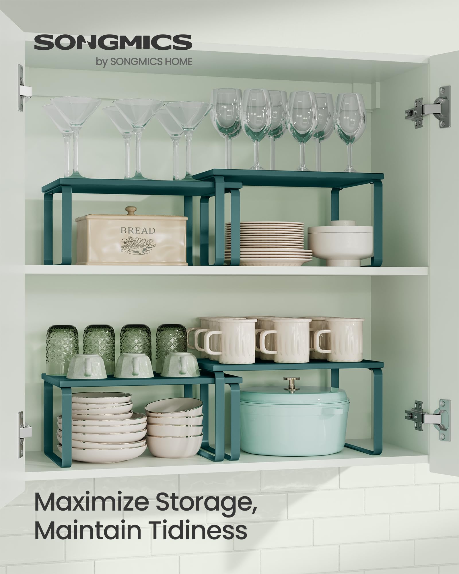 SONGMICS Cabinet Organizer Shelf, Set of 2 Kitchen Counter Shelves, Kitchen Storage, Spice Rack, Stackable, Expandable, Metal and Engineered Wood, 11.7 Inches, Marrs Green UKCS002C02