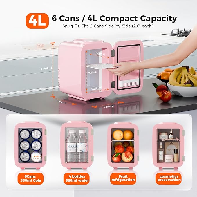YASHE Mini Fridge, 4 Liter/6 Can Mini Makeup Fridge, 110V AC/ 12V DC Portable Thermoelectric Cooler&Warmer for Skincare, Drink, Cosmetic, Medicine, Small fridge for Bedroom, Office, Dorm, Car, Pink