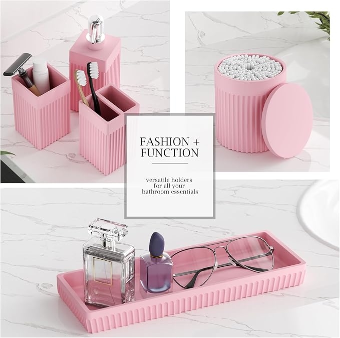 InnJoey 6-Piece Pink Bathroom Set - Sleek Resin Bathroom Accessories Set with Soap Dispenser, Toothbrush Holder, Vanity Tray, Tumbler & Apothecary Jars for Small Spaces