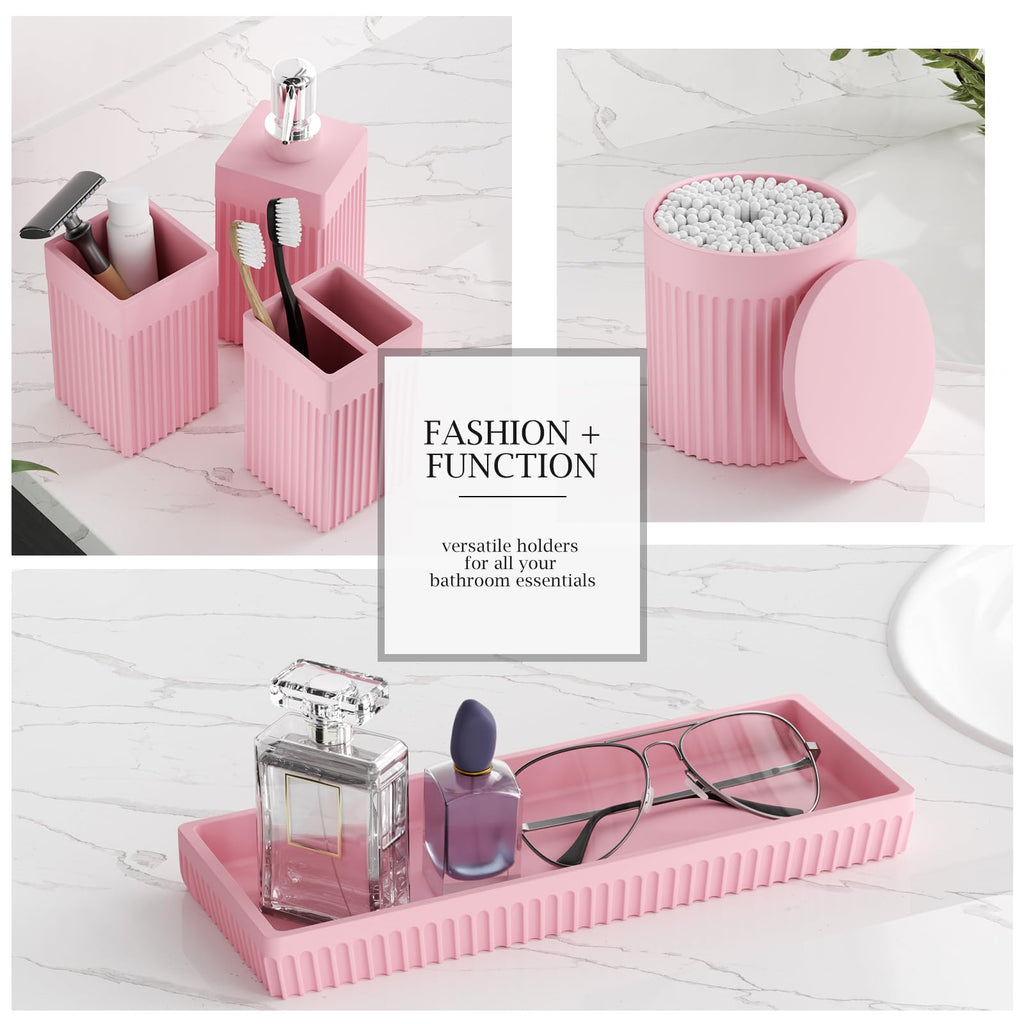InnJoey 6-Piece Pink Bathroom Set - Sleek Resin Bathroom Accessories Set with Soap Dispenser, Toothbrush Holder, Vanity Tray, Tumbler & Apothecary Jars for Small Spaces