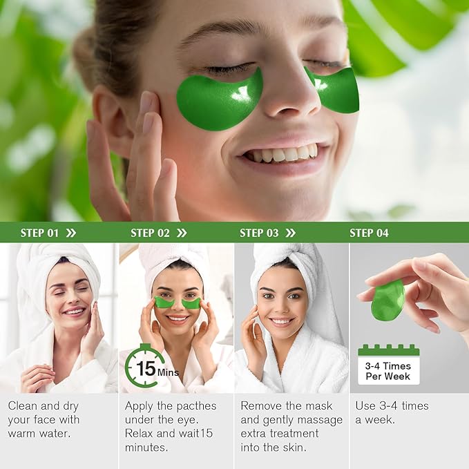 Enaskin Naturals Under Eye Patches for Women and Men: 30 Pairs Green Tea Eye Masks with Caffeine, Collagen & Hyaluronic Acid - Cooling Hydrogel Eye Gels for Refreshed-Looking Skin (Green Tea)