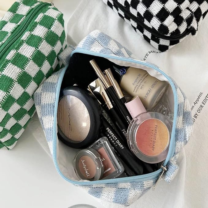 SxoSyo 2 Pcs Checkered Cosmetic Bags, Make up Brushes Cases, Blue