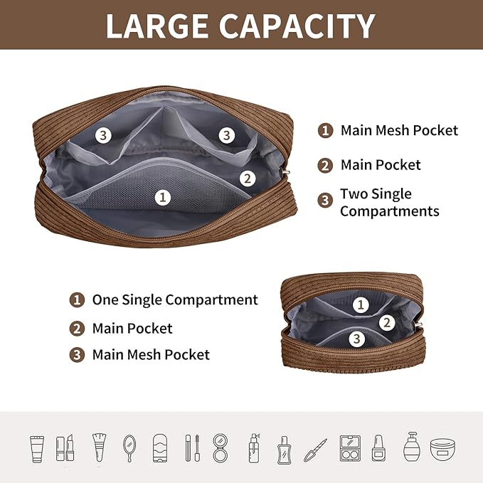 MAGEFY Makeup Bag for Purse, 2 Pcs Corduroy Cosmetic Bag for Girls Women Small Travel Makeup Pouch with Zipper(Brown)