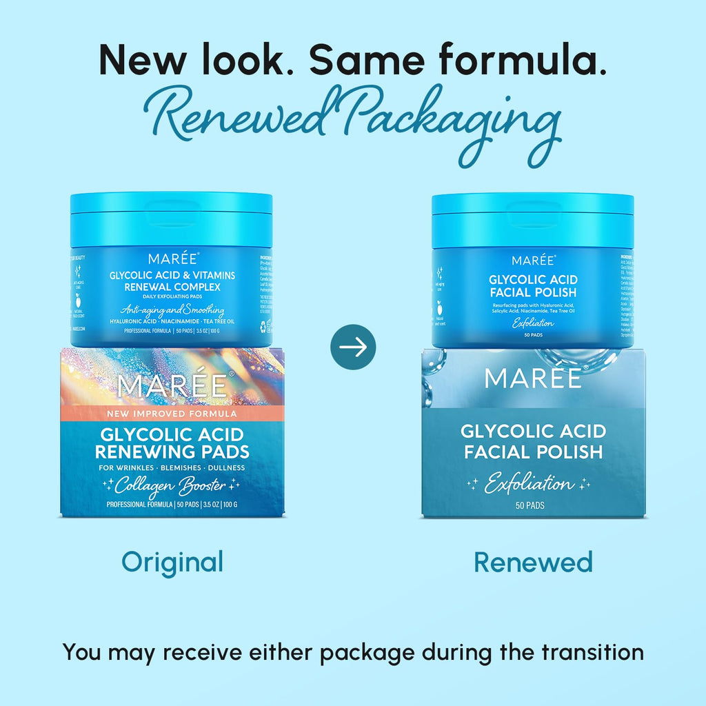 MAREE Glycolic Acid Pads - Toner Pads for Face Cleansing - Exfoliating Pad with Tea Tree Oil, Salicylic Acid & Vitamins E, B3, B5 - Facial Polishes & Peels, Skin Pore Resurfacing & Radiance - 50 Count