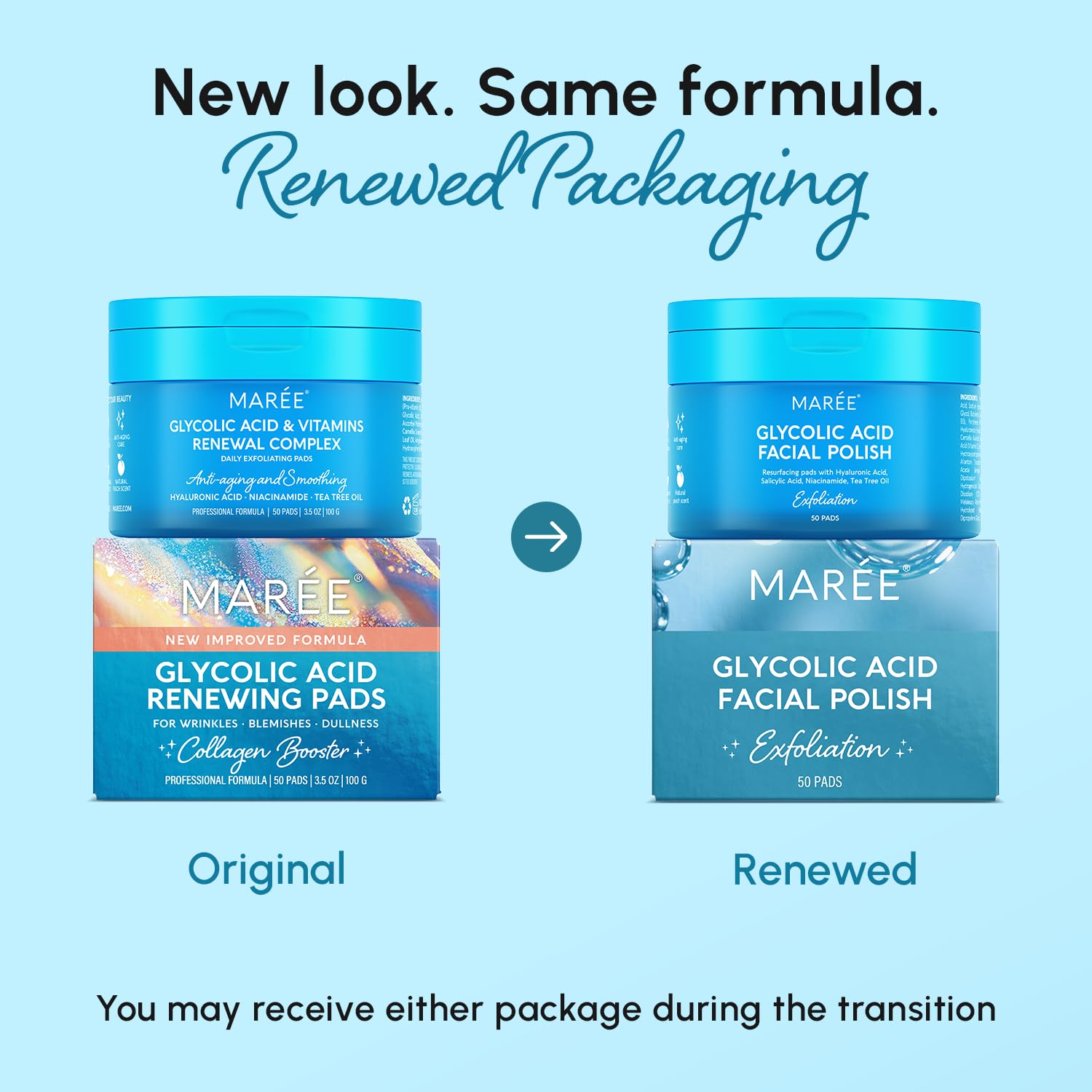 MAREE Glycolic Acid Pads - Toner Pads for Face Cleansing - Exfoliating Pad with Tea Tree Oil, Salicylic Acid & Vitamins E, B3, B5 - Facial Polishes & Peels, Skin Pore Resurfacing & Radiance - 50 Count