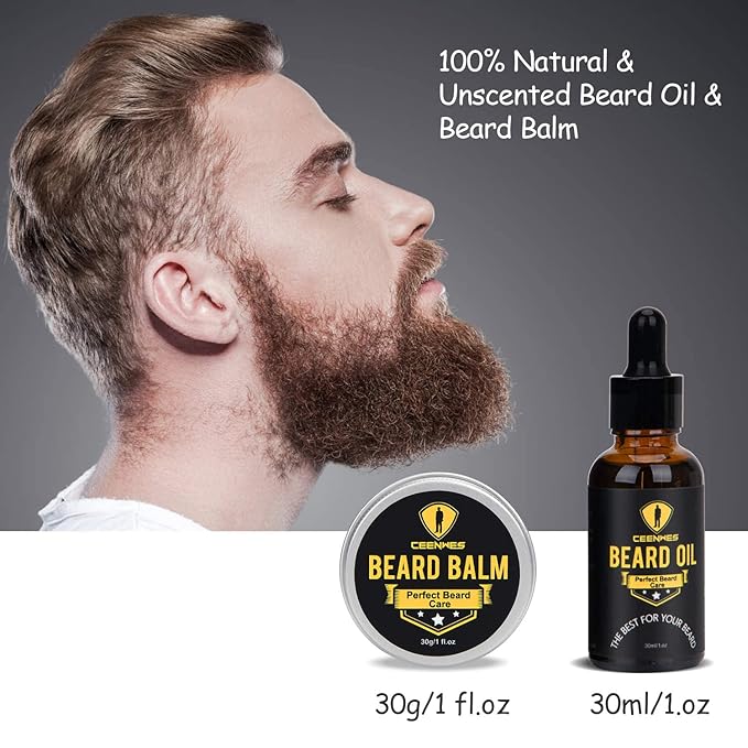 Ceenwes Upgraded Beard Grooming Kit - Conditioner, Oil, Brush, Comb, Balm, Scissors, Storage Bag for Beard and Mustache Trimming, Perfect Men's Gift