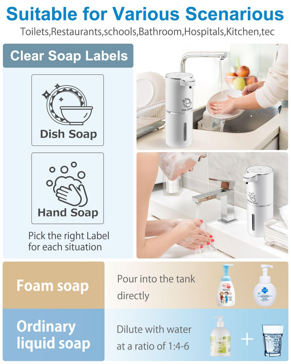Gotofine Automatic Foaming Soap Dispenser, 4-Level Adjustable Foam, Wall Mount, USB Rechargeable, 12.8oz/380ml, Touchless Hand & Dish Soap Dispenser for Bathroom, Kitchen, Hotel, Restaurant
