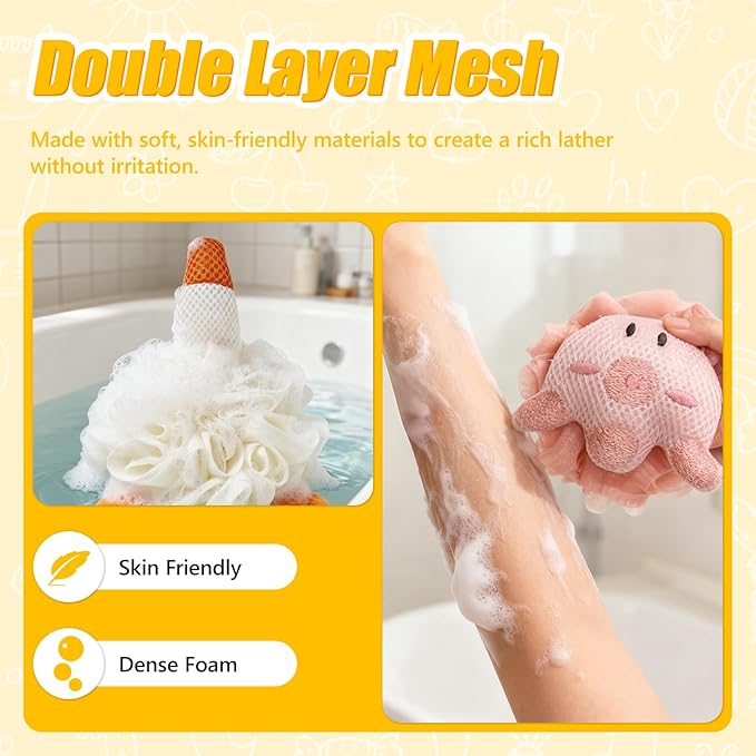 Kids Loofah, Cute Cartoon Animal Kids Bath Sponge with Hanging Rope, Soft Double Mesh for Rich Lather (Long Eared Bear)