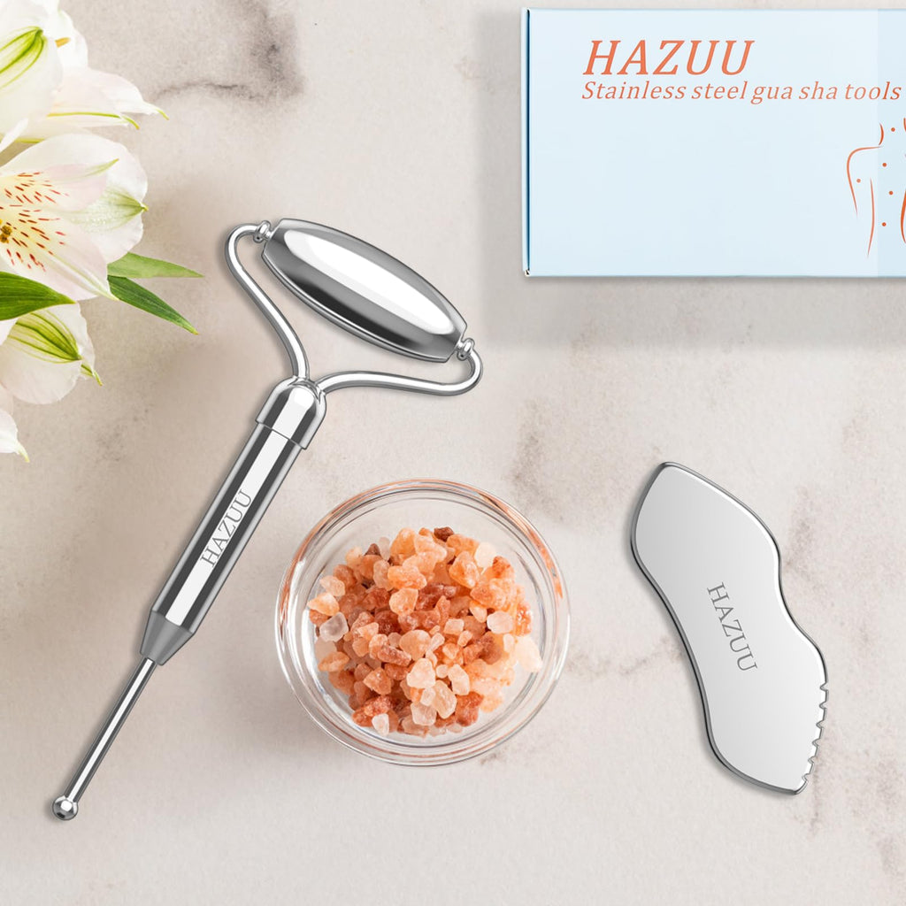 HAZUU Stainless Steel Gua Sha Face Rollers&Acupuncture Pen - Metal Roller for Eyes & Neck, Anti-Aging Facial Massage Tools, Gua Sha Facial Tool Kit (JGS-2)