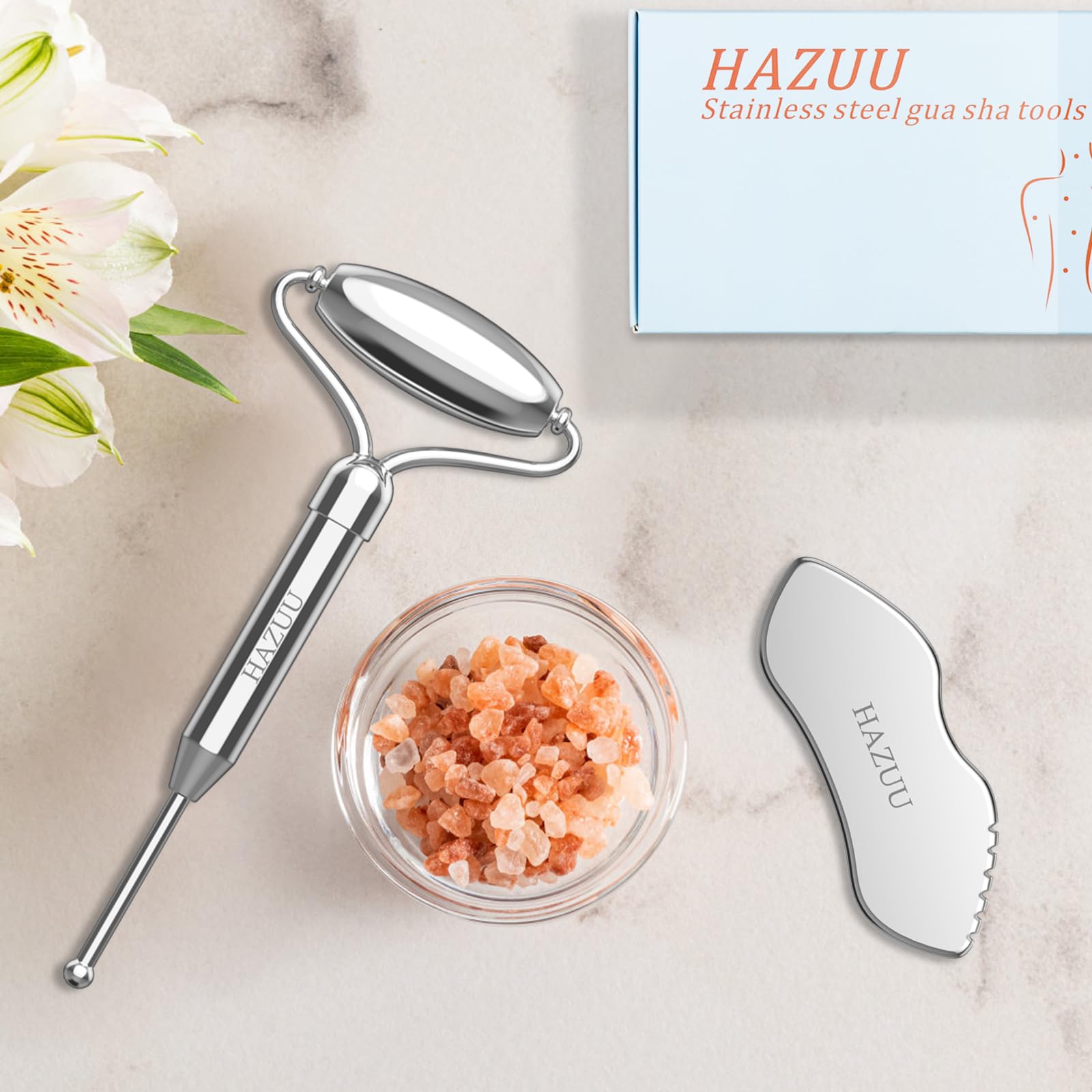 HAZUU Stainless Steel Gua Sha Face Rollers&Acupuncture Pen - Metal Roller for Eyes & Neck, Anti-Aging Facial Massage Tools, Gua Sha Facial Tool Kit (JGS-2)