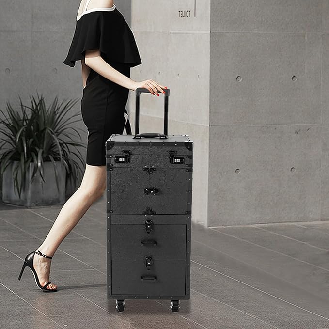 RocoReny Beauty Salon Luggage With Metal Universal Wheel, Makeup Rolling Train Case, 32 In-Retro Travel Organizer Tool Box with Combination Locks for Stylist, Beauty, Makeup Artist (Black)