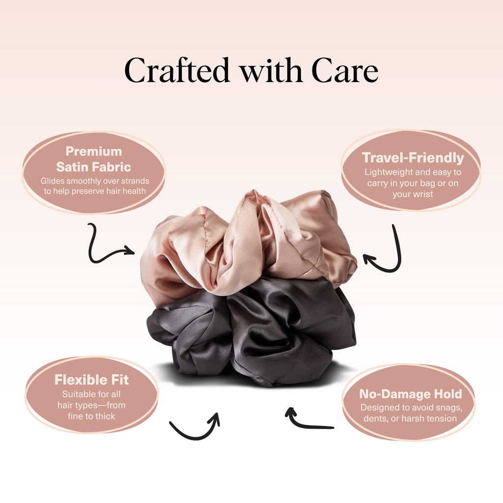 Kitsch Satin Hair Scrunchies for Women, Softer Than Silk Scrunchies for Hair - No Damage Satin Hair Ties, Ponytail Holders | Ideal Gifts for Women, 2pc (Blush/Charcoal)
