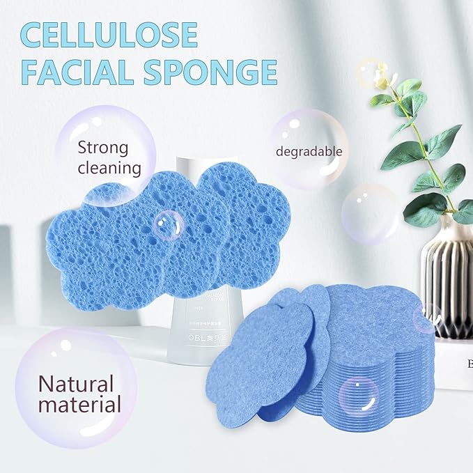 Spunspon 50-Count Facial Sponges, Natural, Blue, Modern Style, Reusable, Exfoliating, Cleansing, Makeup Removal, Travel-Friendly, Gift for Her