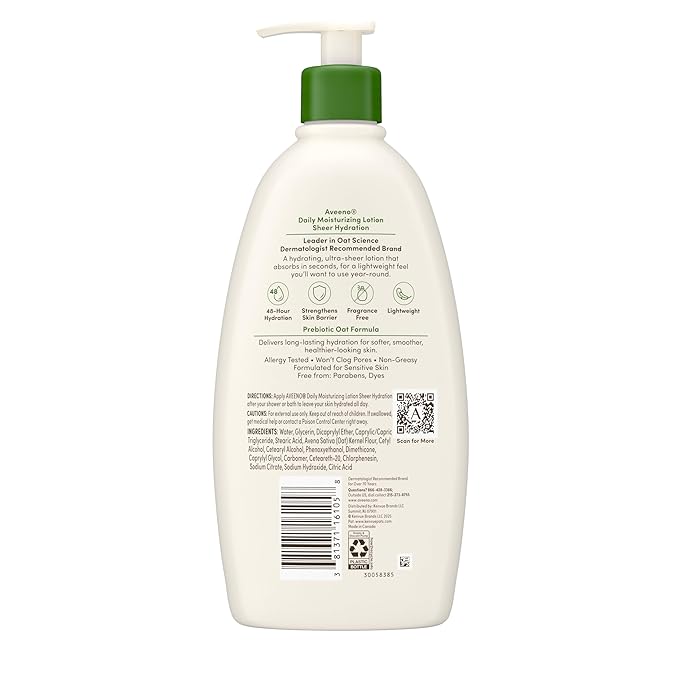 Aveeno Daily Moisturizing Sheer Hydration Fragrance-Free Lotion with Prebiotic Oat for Dry Skin, Lightweight, Non-Greasy and Fast-Absorbing Body Lotion Nourishes Skin with 48-Hour Moisture, 18 Fl Oz