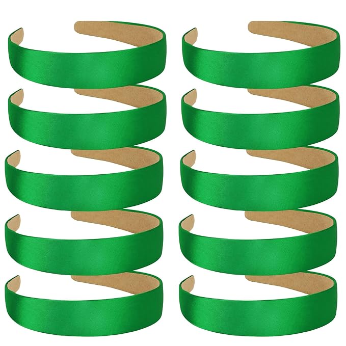 Wecoe 10 Pack Green Headbands 1 Inch Wide Satin Headbands Women Non Slip Fashion Plain Head Bands Solid Hair Bands DIY St. Patrick's Day Hair Accessories for Women Girls Diademas Para Mujer