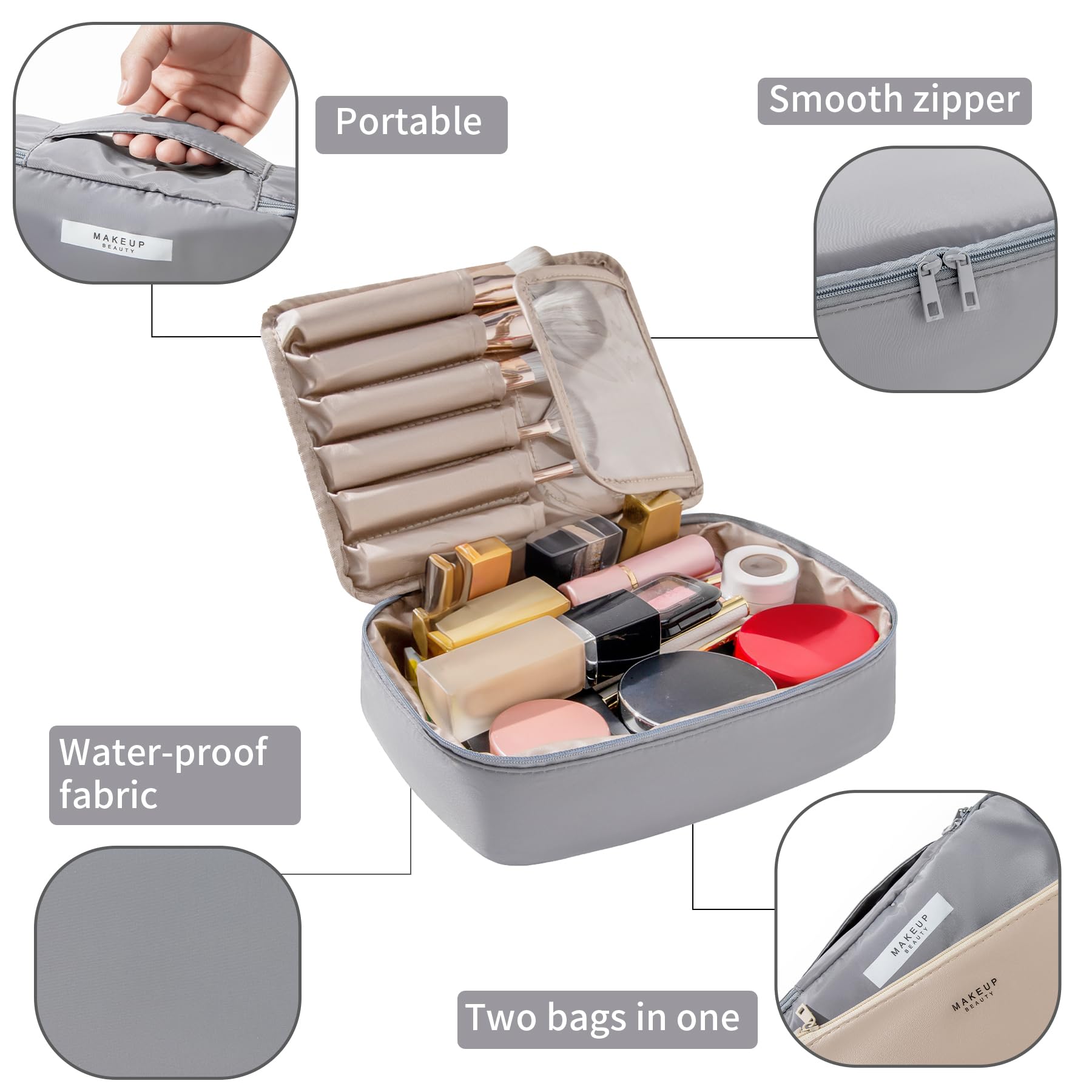 Queboom Travel Makeup Bag Cosmetic Bag Makeup Bag Toiletry bag for women and men (Grey)