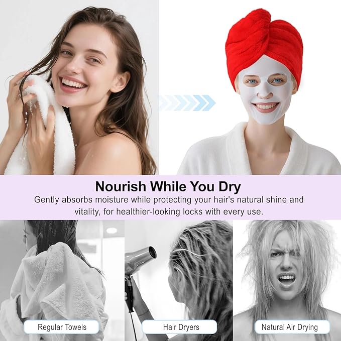 Microfiber Hair Drying Towel Wrap for Women, Hair Turbans Towel for Wet Hair,turbie Twist Hair Towels(The Color of the Picture is for Reference only) (Red-Double Layer)