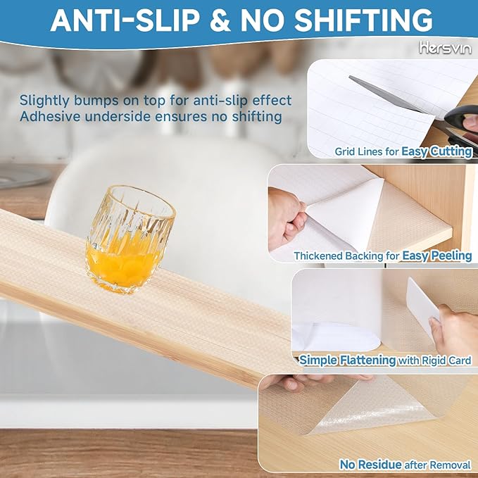 Hersvin Shelf Liners 10 in x 20 ft Self-Adhesive EVA Drawer Mats, Cupboard Protector, Kitchen Cabinet Lining Fridge Liner (Clear Flat Dot, 25.4x610cm)