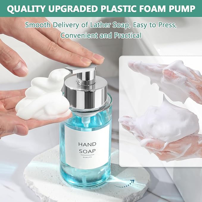 Glass Soap Dispenser, 10 oz/300ml Foaming Soap Dispenser, 2 Pack Foaming Hand Dispenser for Bathroom & Kitchen, Clear Refillable Foam Soap Bottle with Silver Pump