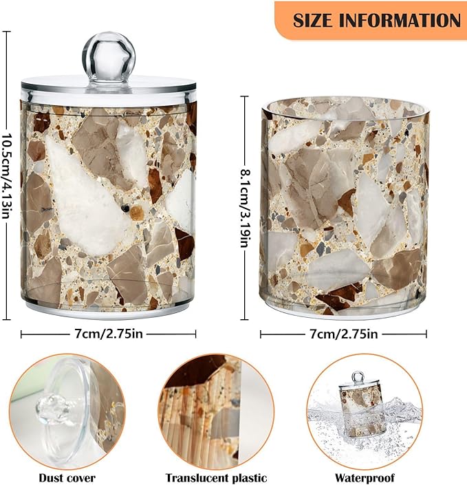 xmycdz 2 Pack Brown Marble Print Apothecary Jars with Lid, 10 Oz Marble Print Clear Plastic Apothecary Jar Set Qtip Holder Storage Containers for Cotton Ball Swabs Bathroom Vanity
