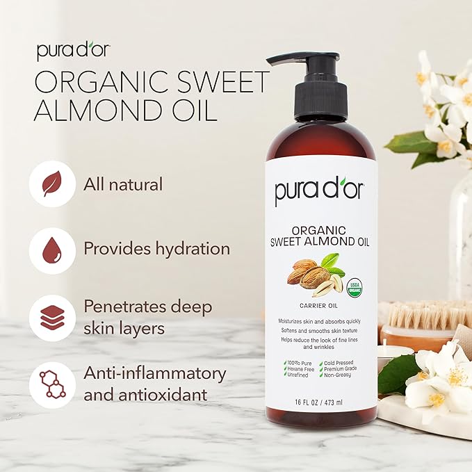 PURA D'OR 16 Oz ORGANIC Sweet Almond Oil - 100% Pure & Natural USDA Certified Cold Pressed Carrier Oil For DIY Beauty - Non-Greasy, Unscented, Hexane Free Moisturizer - Massage Oil For Hair & Skin | ORGANIC, 100% Pure, Natural, USDA Certified, Cold Pre...