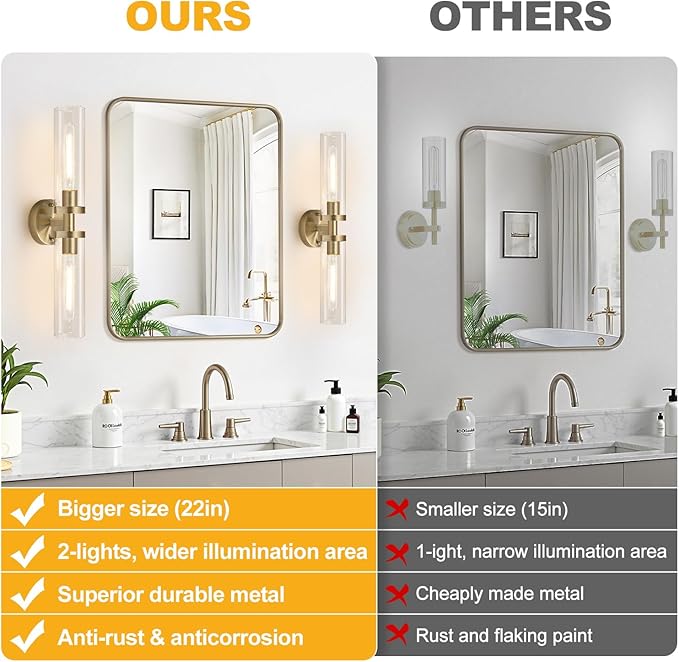 Brass Wall Sconces, Hardwired Bathroom Sconces Wall Lighting with Clear Glass, Modern Bathroom Vanity Lights fixtures for Mirror Bedroom Living Room Hallway Kitchen