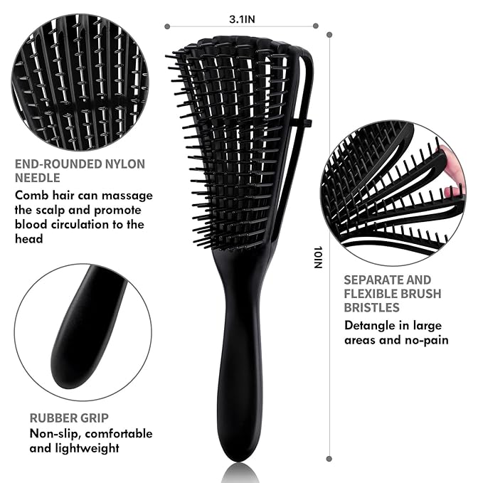 4pcs Curly Hair Brush Set for Adult & Kids Wet or Dry, Detangling Brush for 3/4ABC Hair with Wide Tooth Comb (4, Black)