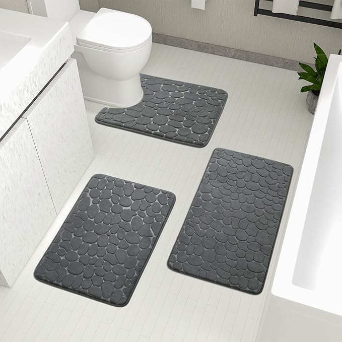 YIHOUSE Bathroom Rugs Mat Set, Memory Foam Bath Mat 3 Piece Dark Grey