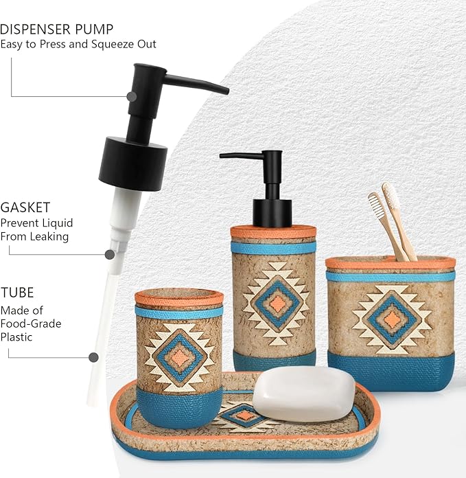 Bathroom Accessory Sets 4PCs Complete Tribal Home Decor Southwest Pattern Shape Includes Lotion Dispenser Toothbrush Holder Tumbler Cup & Vanity Tray