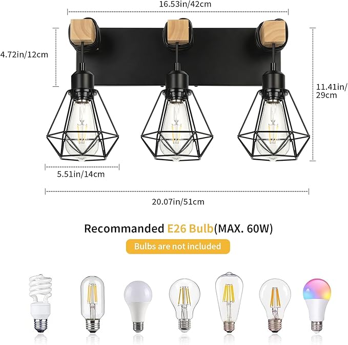 3-Light Farmhouse Vanity Light, Industrial Wood Bathroom Light Fixtures Over Mirror, Metal Lampshade for Bathroom, Hallway, Living Room