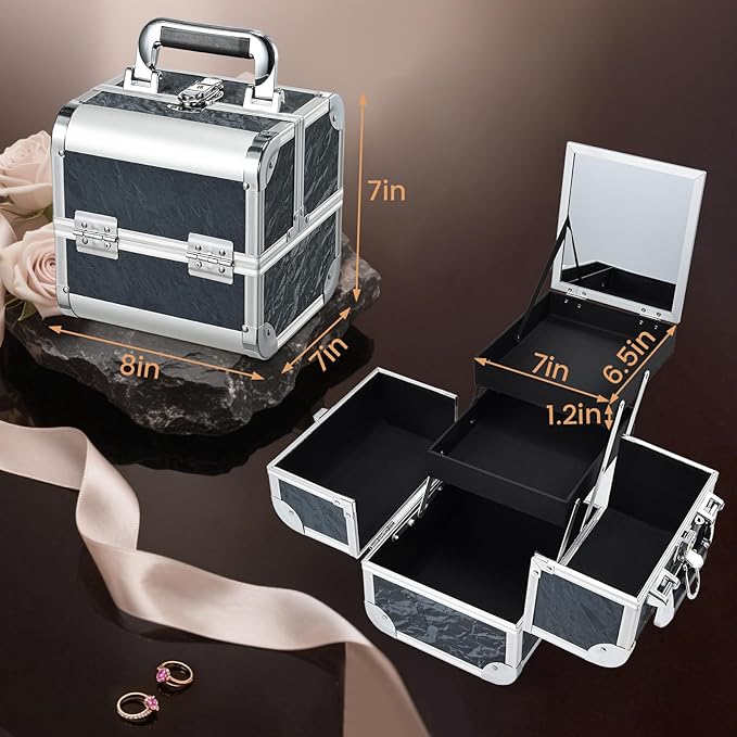 Costravio Makeup Case Train Case Portable Makeup Box with Mirror Lock Box Travel Cosmetic Train Cases Hard Make Up Organizer for Girls Nail Craft Storage Vanity Misty Hills Black