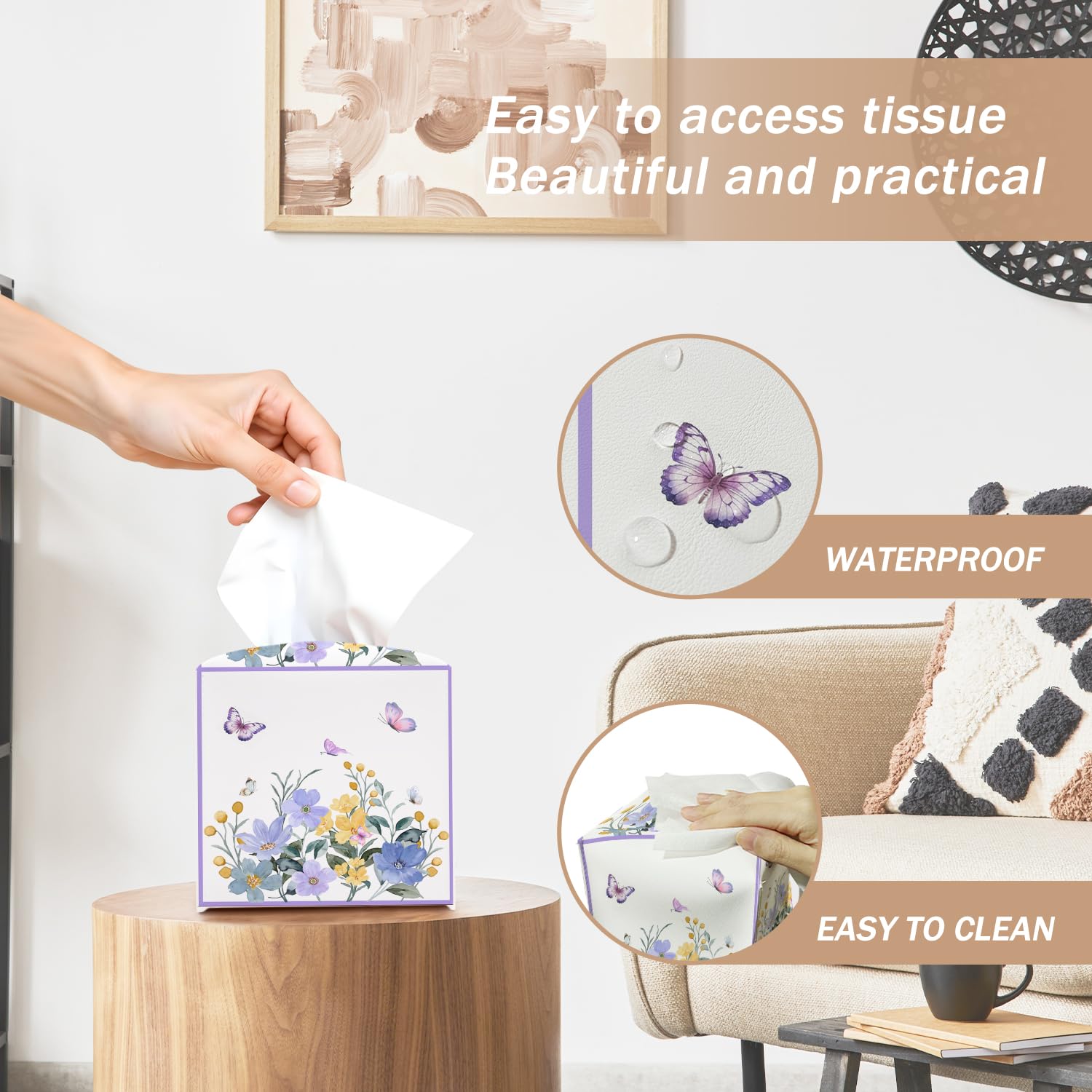 Butterfly Purple Floral Tissue Box Cover Square with Bottom Belt, Leather Waterproof Tissue Holder Facial Paper Case for Tabletop Home Office Bathroom Car Decor -08