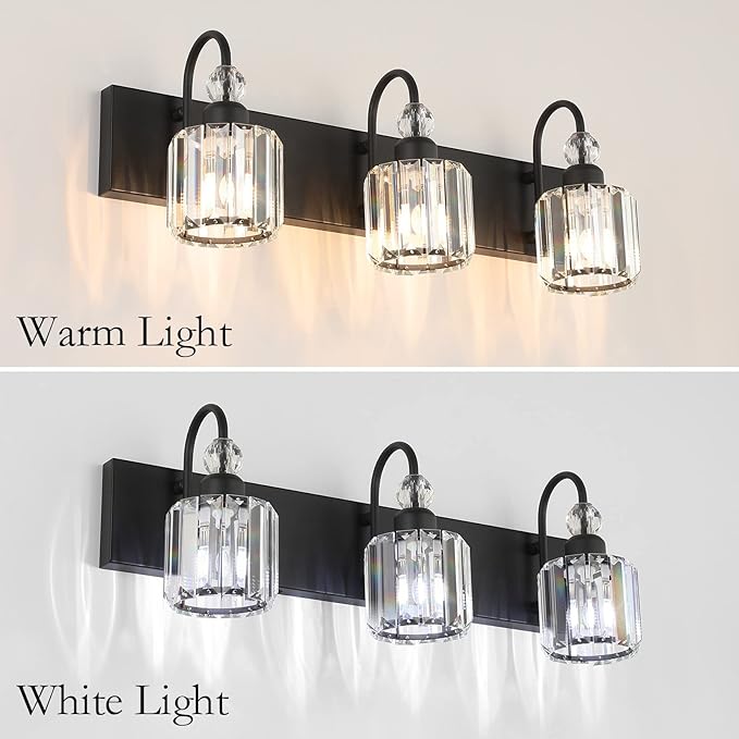 Ralbay Modern Crystal Vanity Light 3-Lights Modern Crystal Vanity Lights for Bathroom Matte Black Crystal Bath Wall Light Fixtures Modern Black Crystal Bathroom Light Fixtures