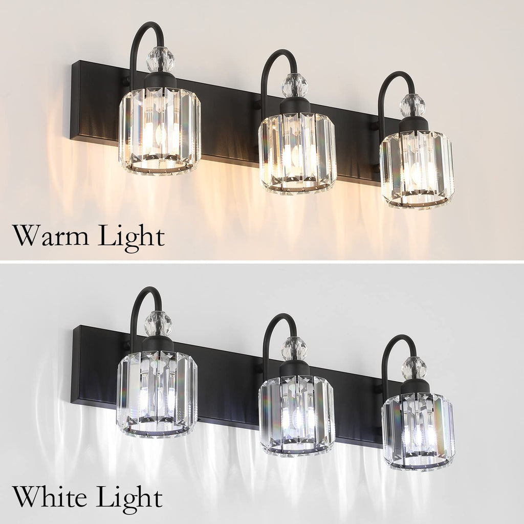 Ralbay Modern Crystal Vanity Light 3-Lights Modern Crystal Vanity Lights for Bathroom Matte Black Crystal Bath Wall Light Fixtures Modern Black Crystal Bathroom Light Fixtures