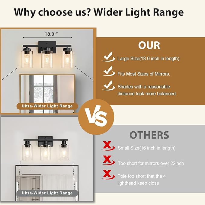 IZORRO Modern Bathroom Light Fixtures, 3 Light Black Vanity Lights, Bathroom Lighting Fixtures Over Mirror with Clear Glass for Living Room Cabinet Bedroom