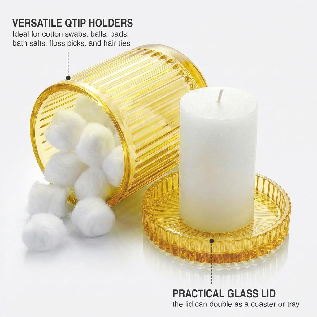MKOSAB 2 Pack Qtip Holder - Apothecary Jars with Lids, Bathroom Organizers and Storage Canister for Cotton Balls,Swabs,Floss Picks,Hair Ties,Clear Glass Vintage Bathroom Decor Jar Set (yellow)