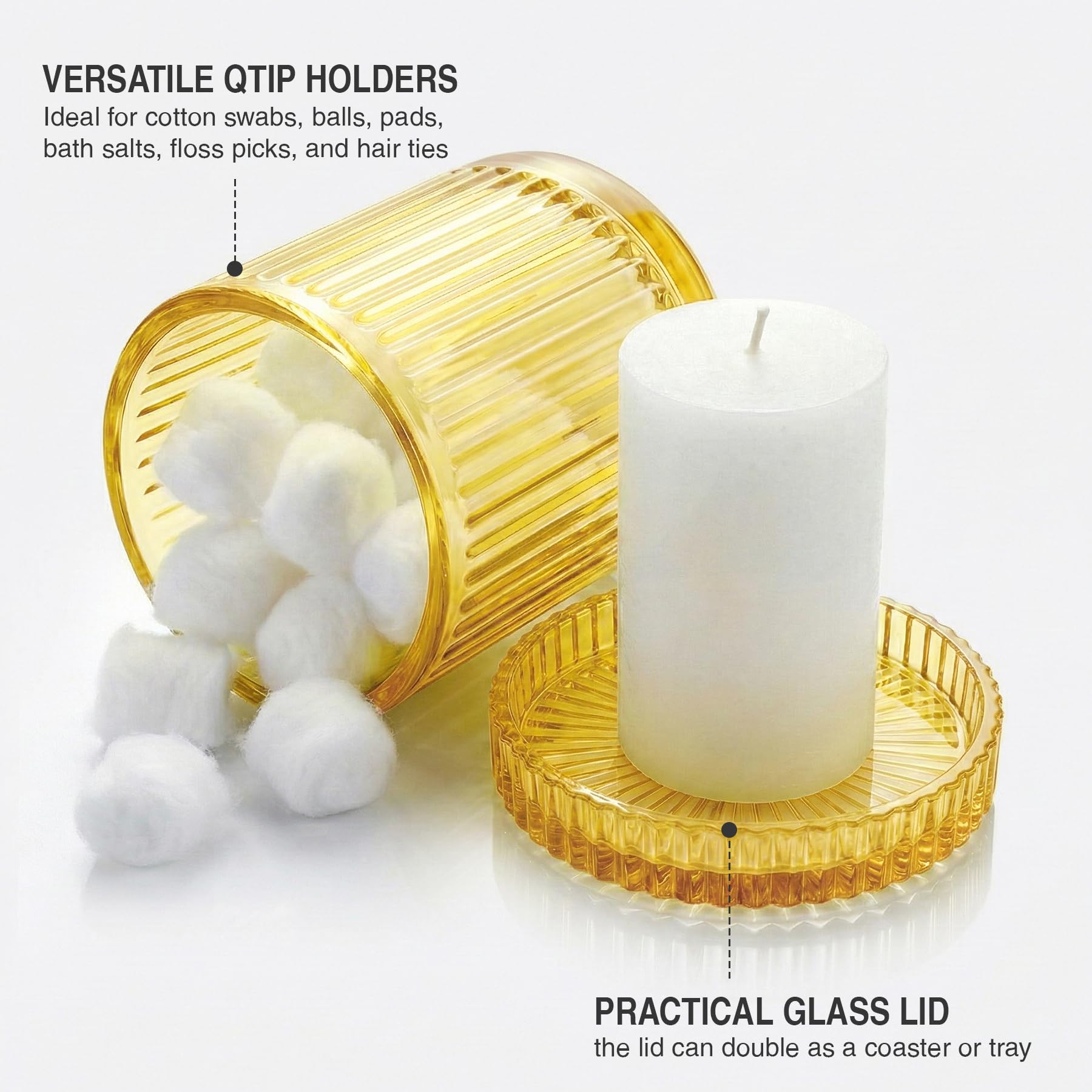 MKOSAB 2 Pack Qtip Holder - Apothecary Jars with Lids, Bathroom Organizers and Storage Canister for Cotton Balls,Swabs,Floss Picks,Hair Ties,Clear Glass Vintage Bathroom Decor Jar Set (yellow)