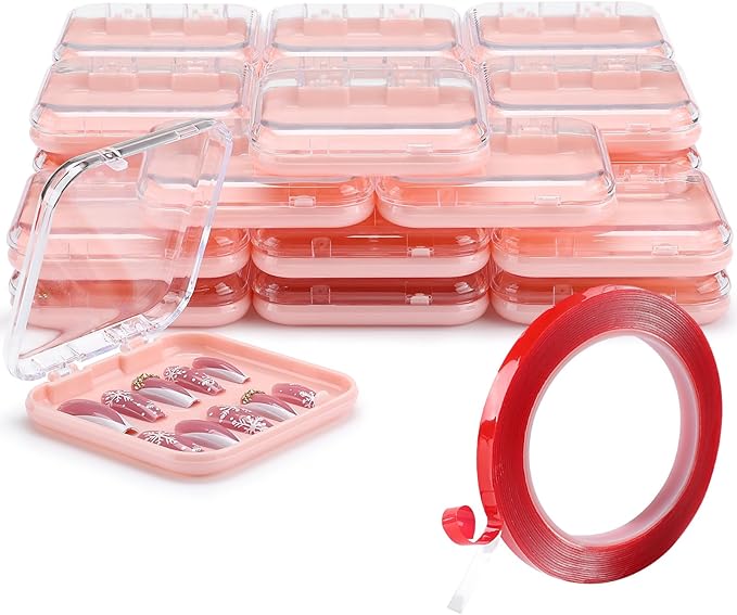 27PCS Press On Nail Storage Boxes with 5M Adhesive Double Sided Tape, Arcylic Fake Nail Display Box, Press on Box for Nails Packaging, Artificial False Nail Case, Acrylic Storage Organizer for Nails