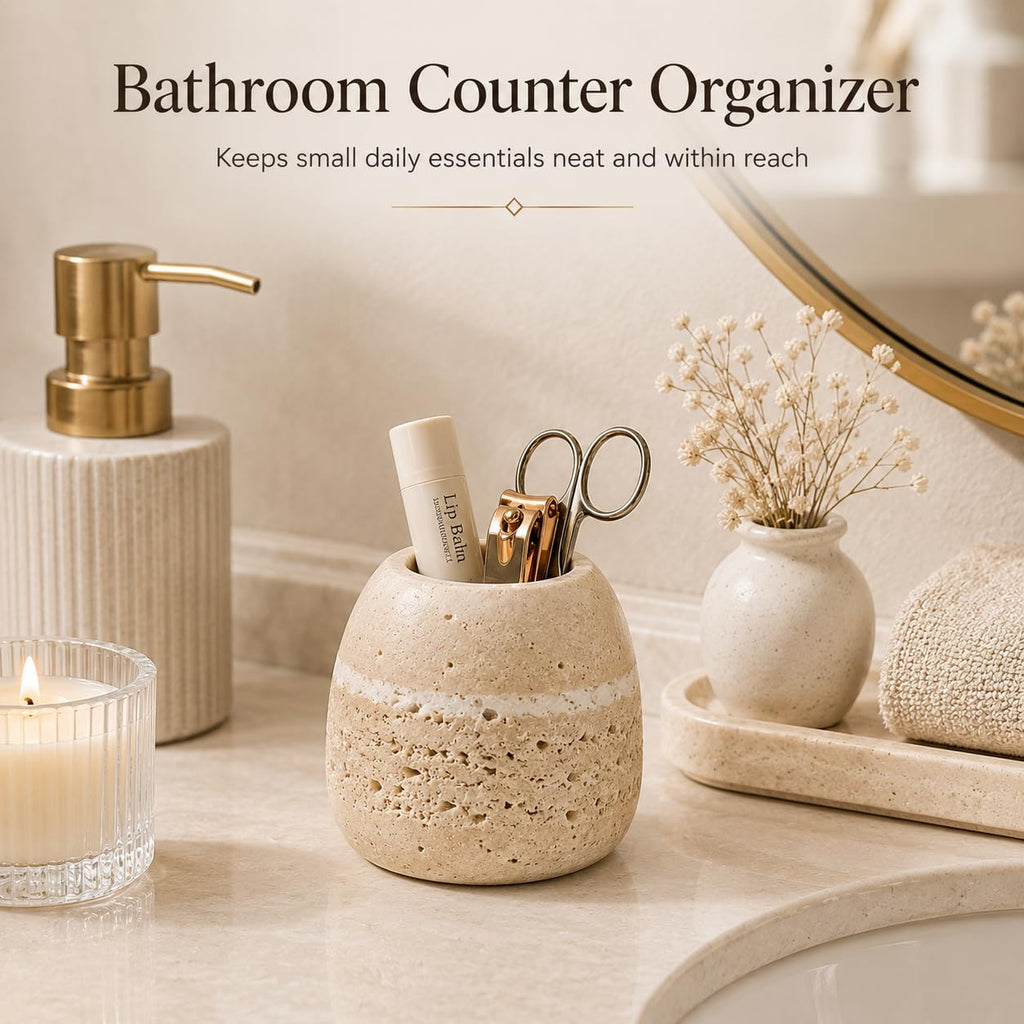 SIRIZEN-DIVING Travertine Toothpick Holder, Small Stone Cup Organizer