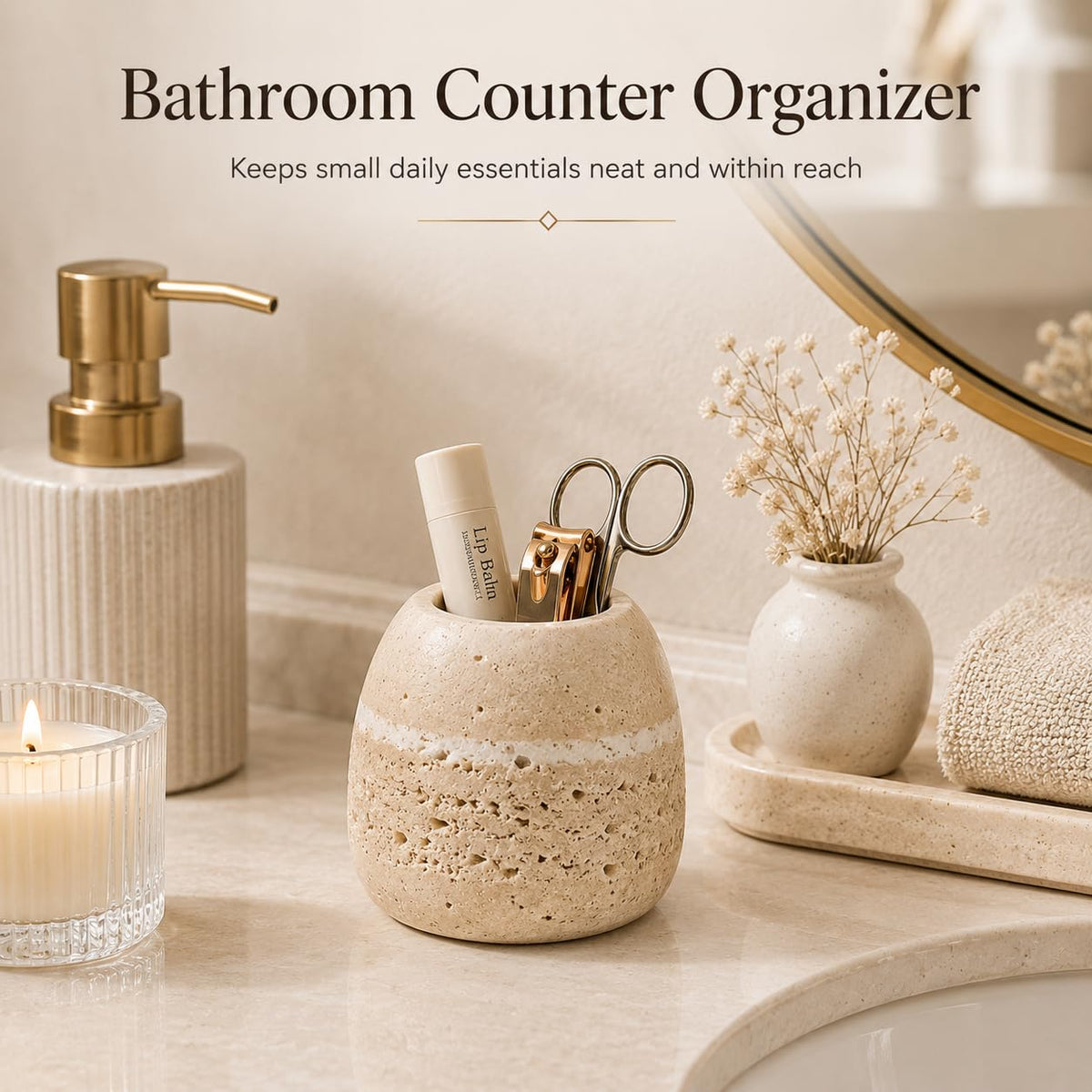 SIRIZEN-DIVING Travertine Toothpick Holder, Small Stone Cup Organizer