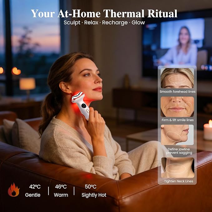 RFVDC Cold Heated Electric Gua Sha, Facial Neck Lymphatic Drainage Sculpting Tool, Cooling Depuffing Wand for Puffy Face, 7-in-1 LED Red Light Face Massager for Lifting, Contouring, Firming