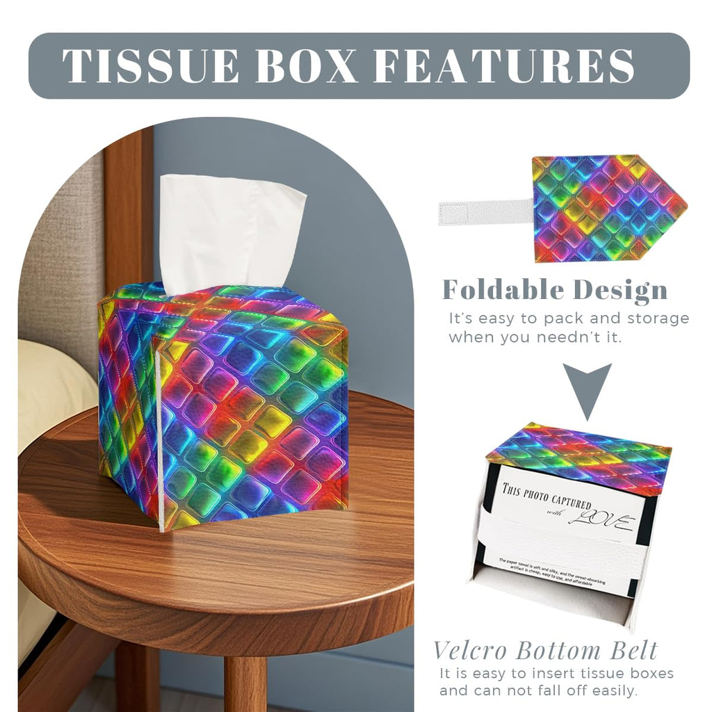 Rainbow Tissue Box Cover Neon Colorful Tiles Purple Blue Pink Square PU Leather Waterproof Tissue Box Holder for Bathroom Kitchen Bedroom Vanity Countertop Night Stands