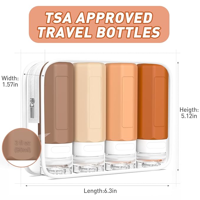 Redfly Travel Bottles for Toiletries, Tsa Approved 3oz Travel Size Containers, Leak Proof Travel Size Toiletries Bottles Silicone, BPA Free Refillable Shampoo Conditioners Essentials Kit, Apricot