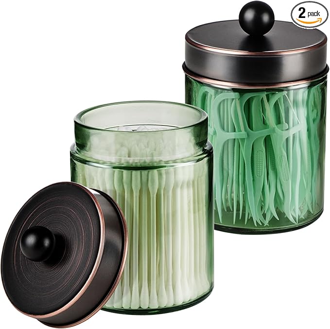 Amolliar Sage Green Apothecary Glass Jar With Metal Lid & Stickers, Bathroom Qtip Holder Storage Canister, Farmhouse Decor for Cotton Balls, Cotton Swabs, Makeup Pads, Bath Salt, Floss, ORB 2 Pack